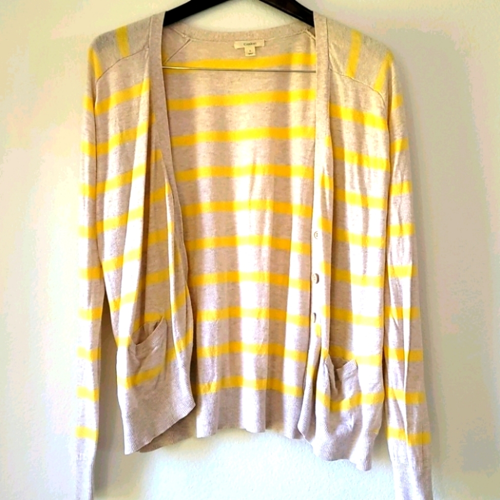 Caslon Yellow & Gray Striped Large Cardigan Long Sleeved W Pockets L W Buttons